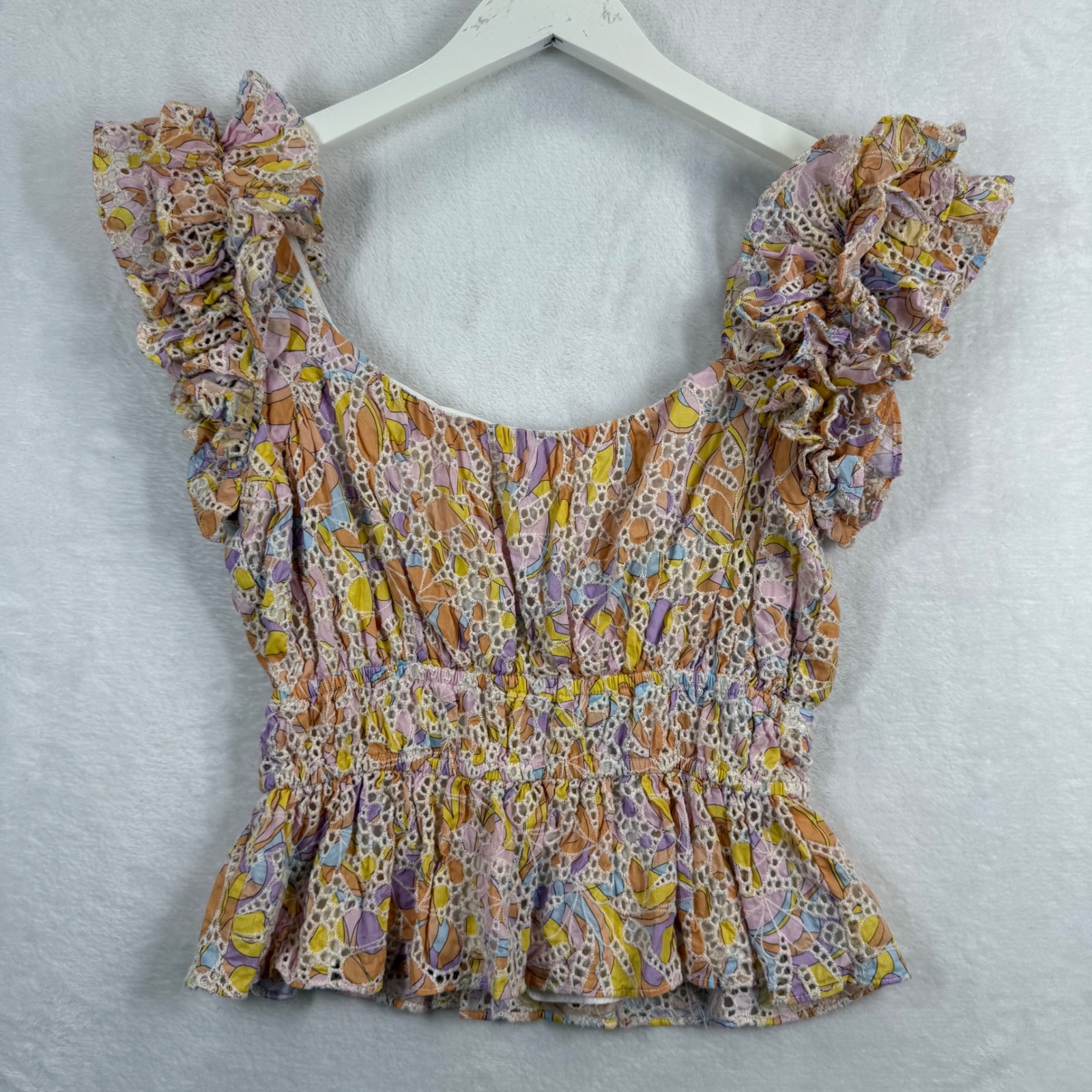Willa Story Women Small Abstract Eyelet Ruffle Smocked Peplum Top Ws6050-099 Usa